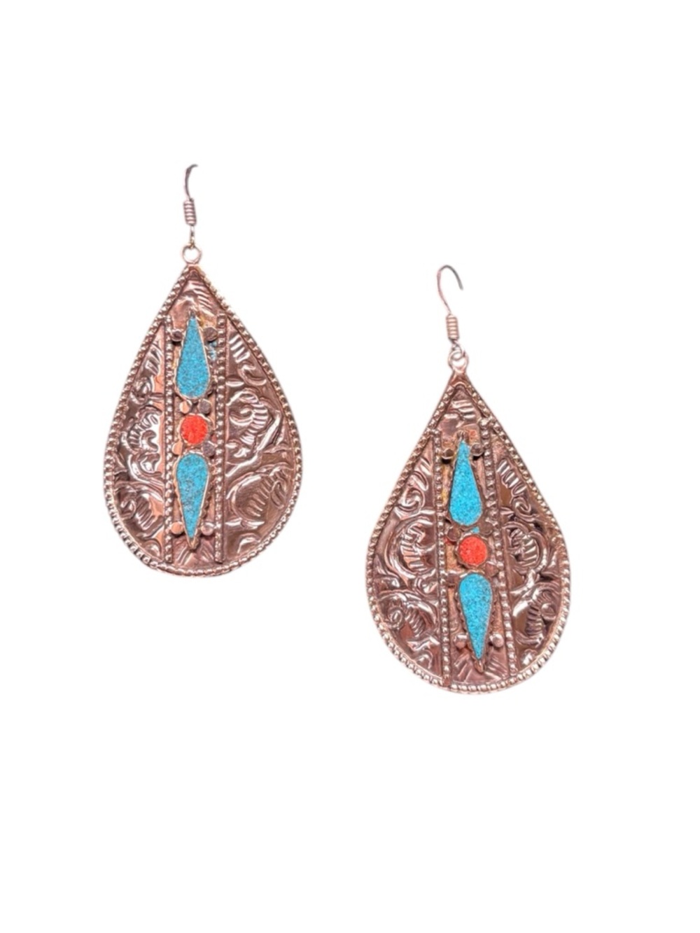 Turquoise & Coral Teardrop Filigree Earrings Tibetan silver with sterling wires